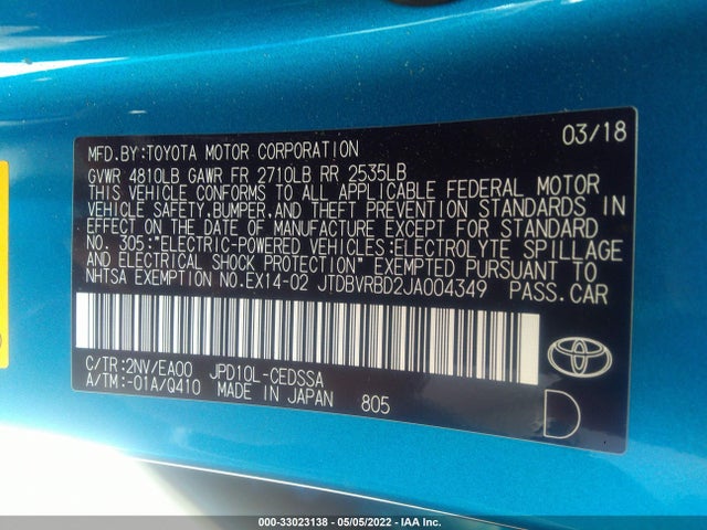 2018 Toyota Mirai, VIN: JTDBVRBD2JA004349