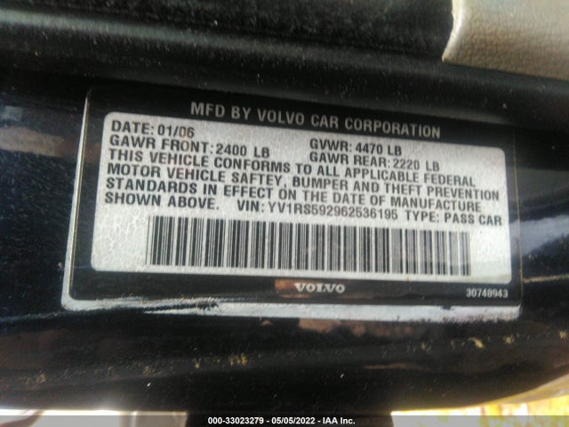 2006 VOLVO S60 2.5L TURBO VIN: YV1RS592962536195