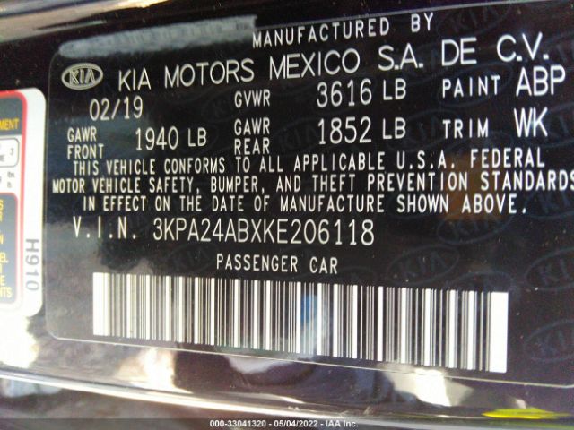 3KPA24ABXKE206118 KIA RIO S