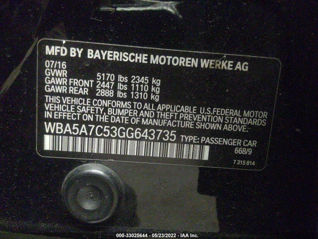 2016 BMW 5 SERIES 528I XDRIVE VIN: WBA5A7C53GG643735