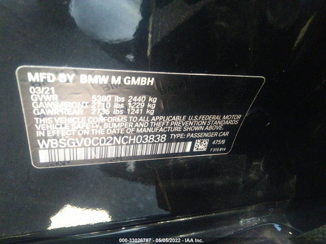 2022 BMW M8, VIN: WBSGV0C02NCH03838