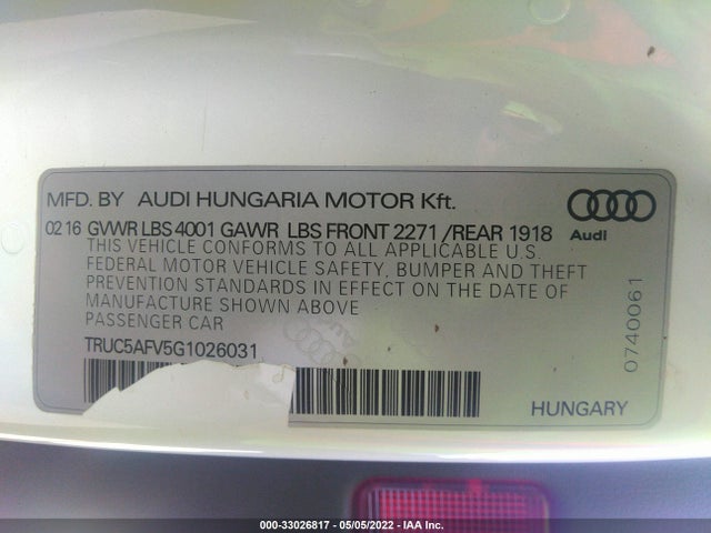 2016 Audi TT, VIN: TRUC5AFV5G1026031