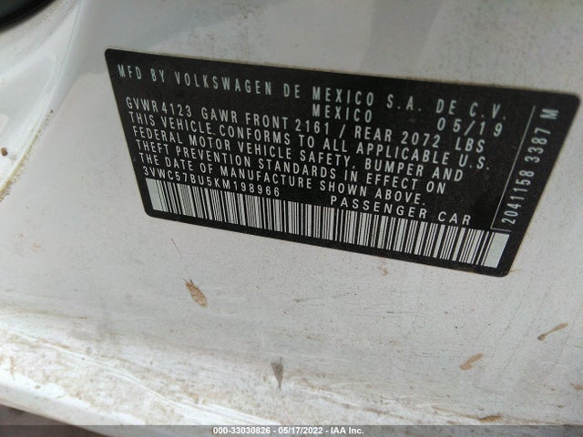 2019 VOLKSWAGEN JETTA VIN: 3VWC57BU5KM198966