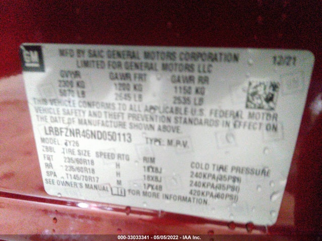 2022 BUICK ENVISION ESSENCE VIN: LRBFZNR46ND050113