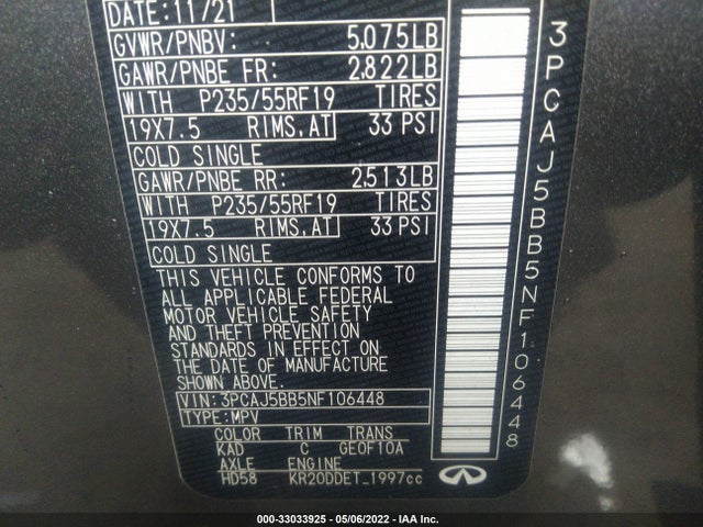 2022 Infiniti QX50, VIN: 3PCAJ5BB5NF106448