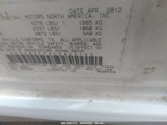 2012 MITSUBISHI GALANT VIN: 4A32B2FF4CE022145
