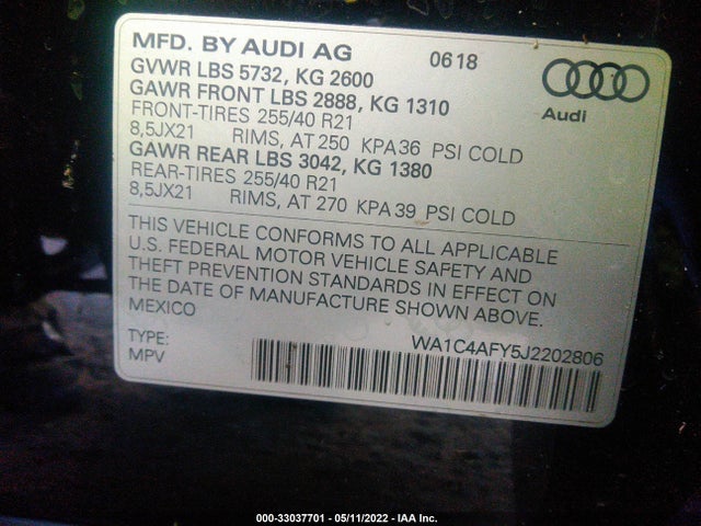 2018 Audi SQ5, VIN: WA1C4AFY5J2202806