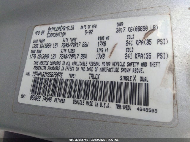 2002 DODGE RAM 1500 VIN: 1D7HA18ZX2S675876