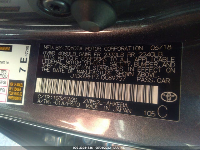 2018 Toyota Prius, VIN: JTDKARFP7J3089757