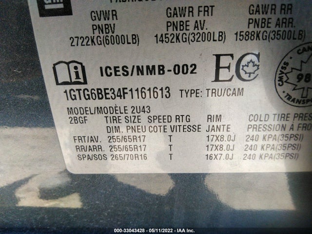 2015 GMC Canyon, VIN: 1GTG6BE34F1161613