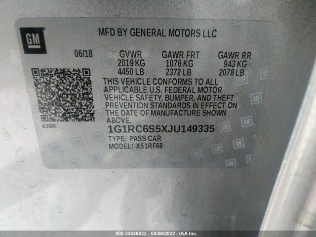 2018 Chevrolet Volt, VIN: 1G1RC6S5XJU149335