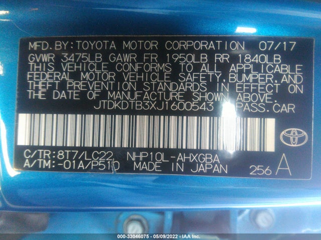 2018 Toyota Prius, VIN: JTDKDTB3XJ1600543
