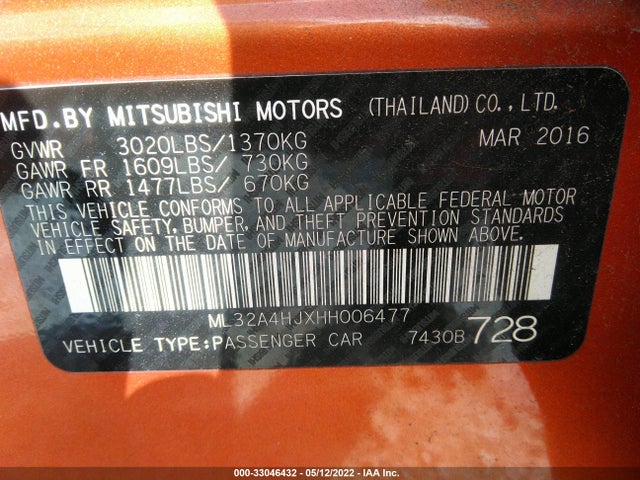 2017 Mitsubishi Mirage, VIN: ML32A4HJXHH006477