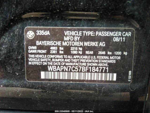 2011 BMW 3 SERIES 335D VIN: WBAPN7C57BF184771