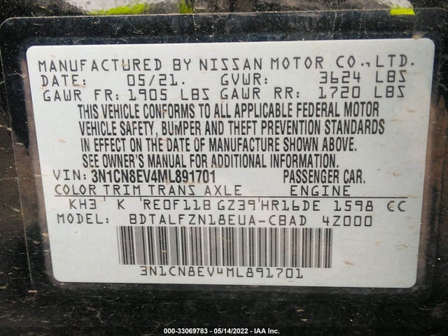 2021 Nissan Versa, VIN: 3N1CN8EV4ML891701