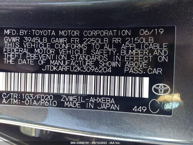 2019 Toyota Prius, VIN: JTDKARFU2K3096204