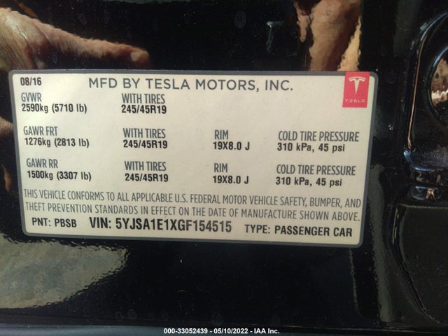 2016 Tesla Model S, VIN: 5YJSA1E1XGF154515