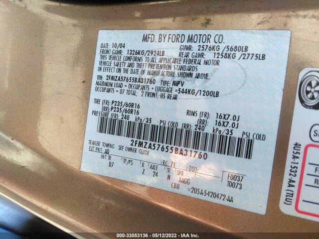 2005 FORD FREESTAR WAGON VIN: 2FMZA57655BA31760