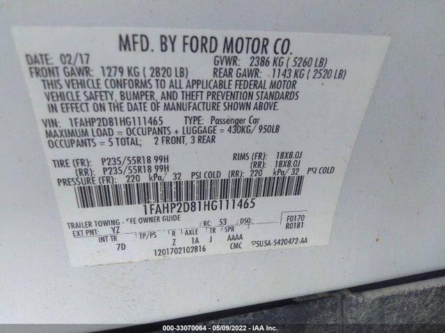 2017 Ford Taurus, VIN: 1FAHP2D81HG111465