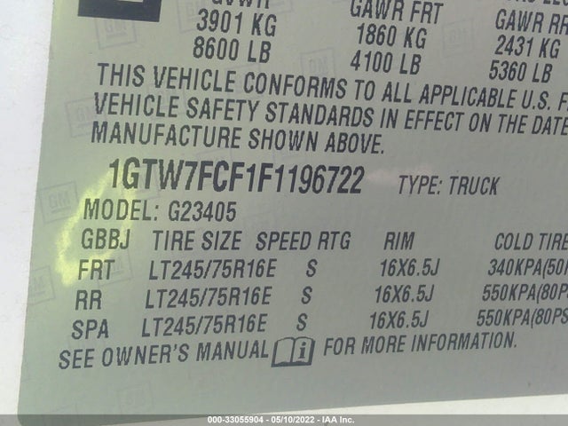 2015 GMC Savana, VIN: 1GTW7FCF1F1196722