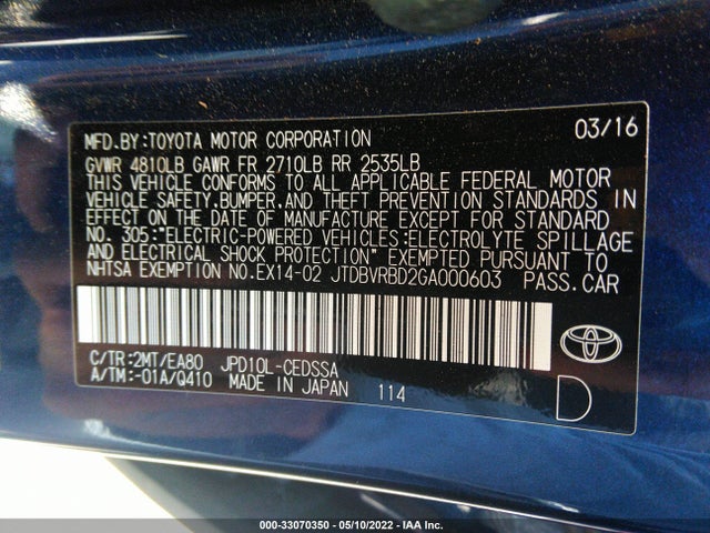 2016 Toyota Mirai, VIN: JTDBVRBD2GA000603