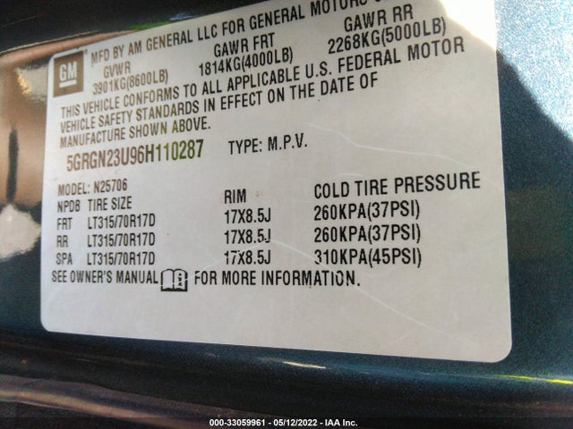 5GRGN23U96H110287 Hummer H2
