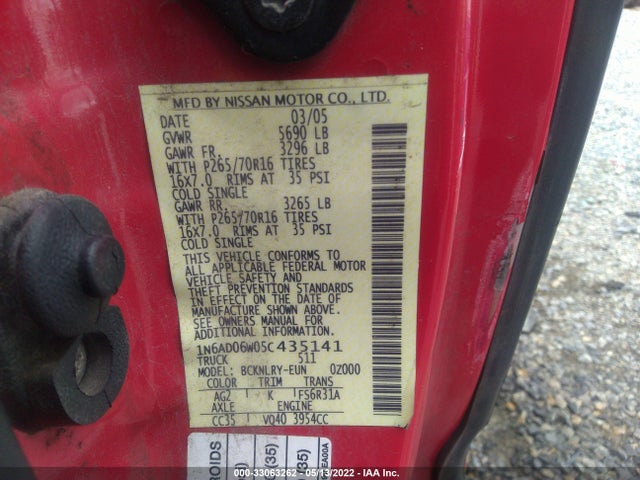 2005 NISSAN FRONTIER 4WD VIN: 1N6AD06W05C435141