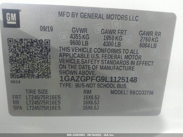 2020 Chevrolet Express, VIN: 1GAZGPFG9L1125148