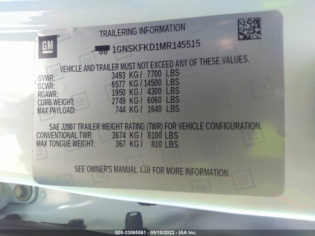 2021 Chevrolet Suburban, VIN: 1GNSKFKD1MR145515
