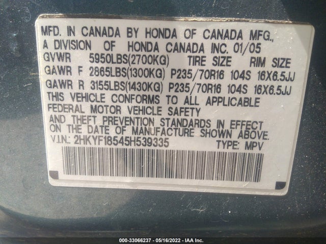 2005 HONDA PILOT VIN: 2HKYF18545H539335