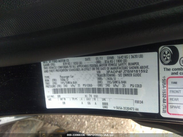 2011 FORD FIESTA VIN: 3FADP4FJ7BM181592