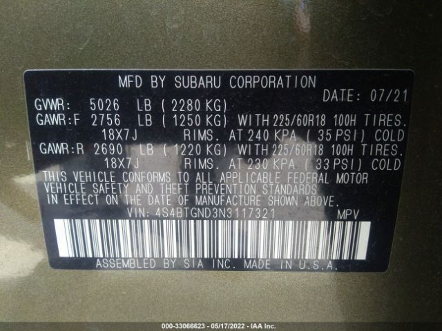 4S4BTGND3N3117321 Subaru Outback Limited Xt