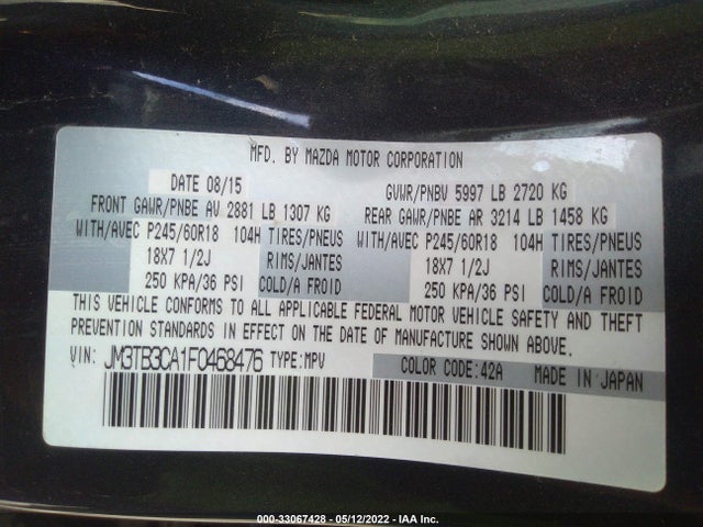 2015 Mazda CX-9, VIN: JM3TB3CA1F0468476