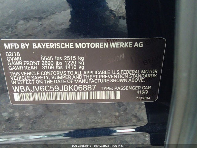 2018 BMW 6 Series, VIN: WBAJV6C59JBK06887
