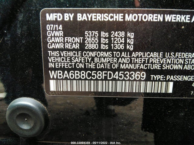 2015 BMW 6 Series, VIN: WBA6B8C58FD453369