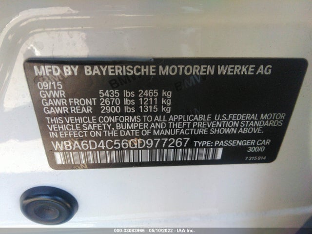 2016 BMW 6 Series, VIN: WBA6D4C56GD977267