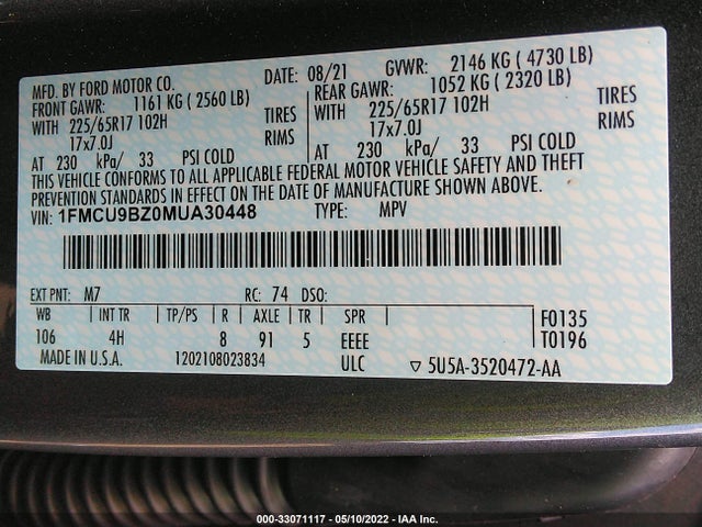 2021 Ford Escape, VIN: 1FMCU9BZ0MUA30448