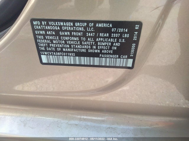 2015 Volkswagen CC, VIN: 1VWCV7A38FC011932