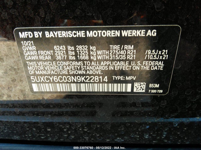 2022 BMW X6, VIN: 5UXCY6C03N9K22814