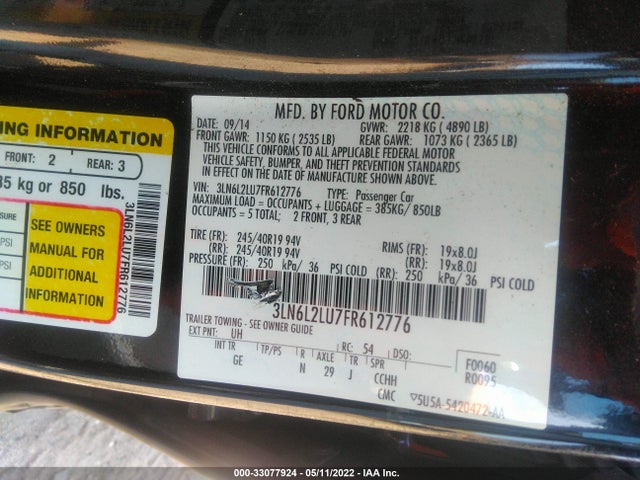 2015 Lincoln MKZ, VIN: 3LN6L2LU7FR612776