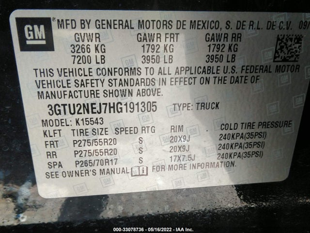 2017 GMC Sierra, VIN: 3GTU2NEJ7HG191305