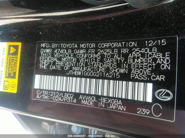 2016 Lexus ES, VIN: JTHBW1GG0G2116215