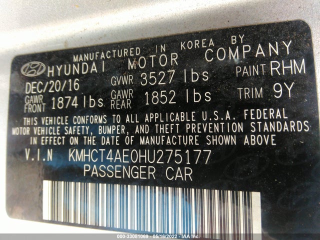 Hyundai ACCENT SE 2017 KMHCT4AE0HU275177 Image 9
