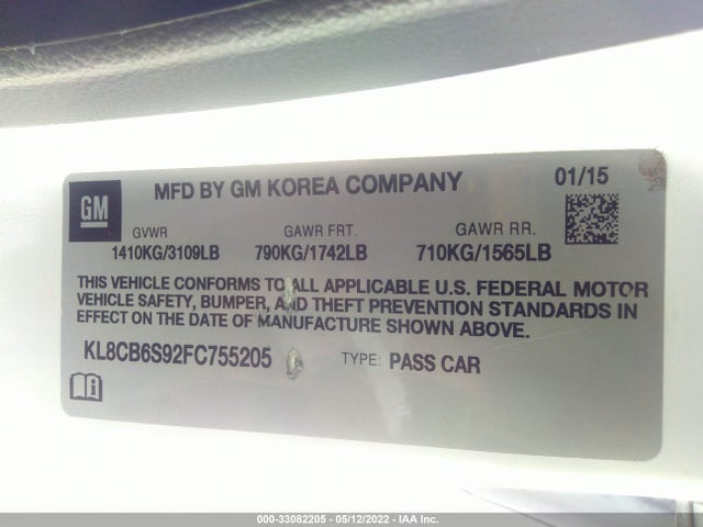 2015 Chevrolet Spark, VIN: KL8CB6S92FC755205
