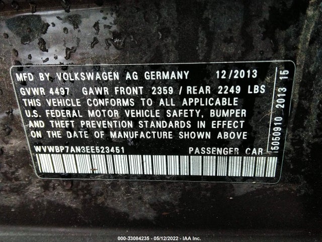 2014 Volkswagen CC, VIN: WVWBP7AN3EE523451