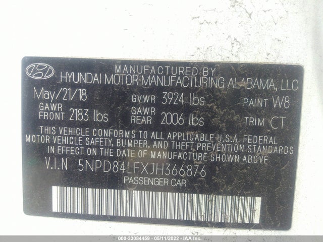 2018 HYUNDAI ELANTRA VIN: 5NPD84LFXJH366876