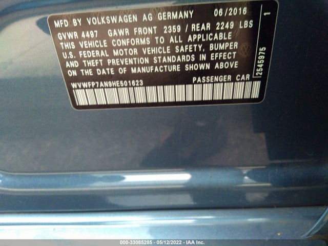2017 Volkswagen CC, VIN: WVWFP7AN9HE501623