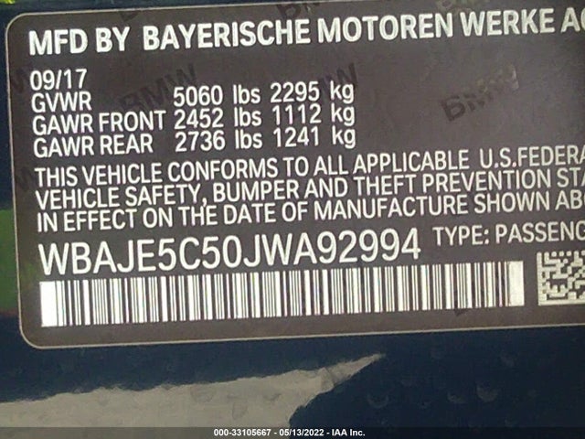 2018 BMW 5 Series, VIN: WBAJE5C50JWA92994