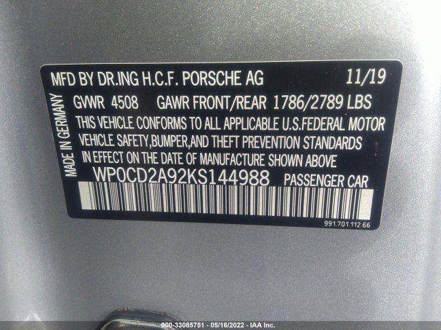 2019 Porsche 911, VIN: WP0CD2A92KS144988