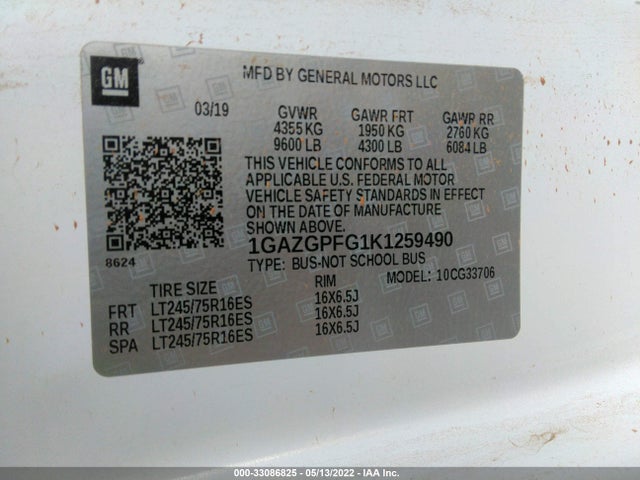 2019 Chevrolet Express, VIN: 1GAZGPFG1K1259490